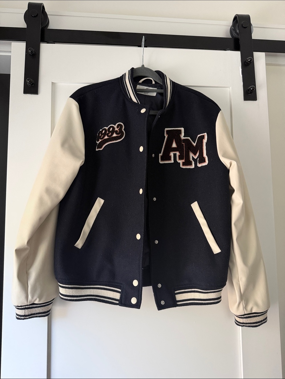 Navy and Cream Varsity Letterman Jacket with AM Patch